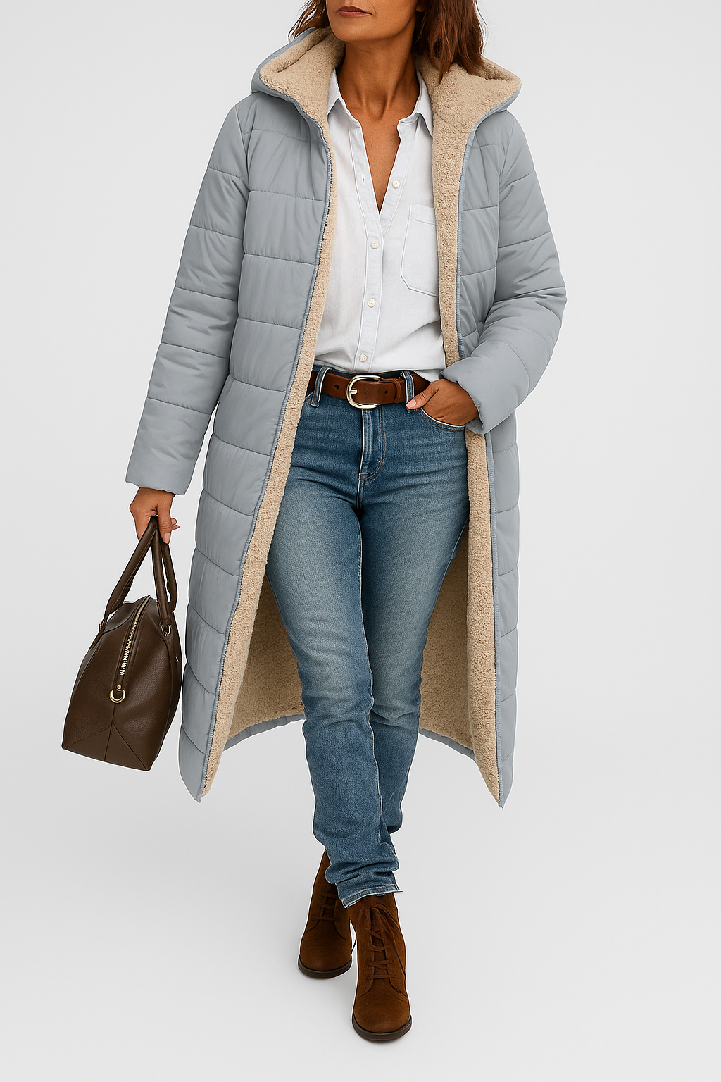 Kurtka zimowa z podszewką sherpa o długim kroju