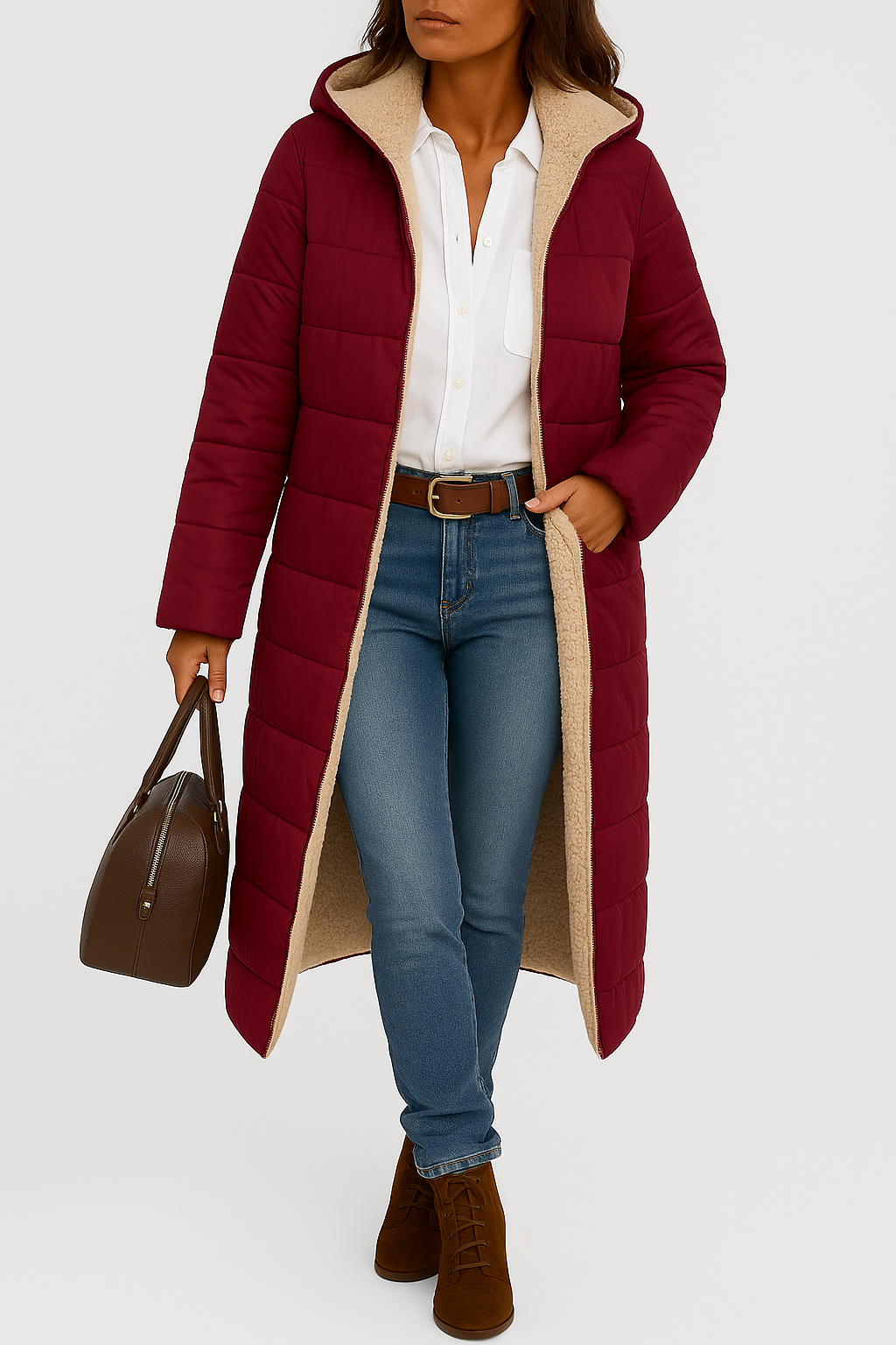 Kurtka zimowa z podszewką sherpa o długim kroju