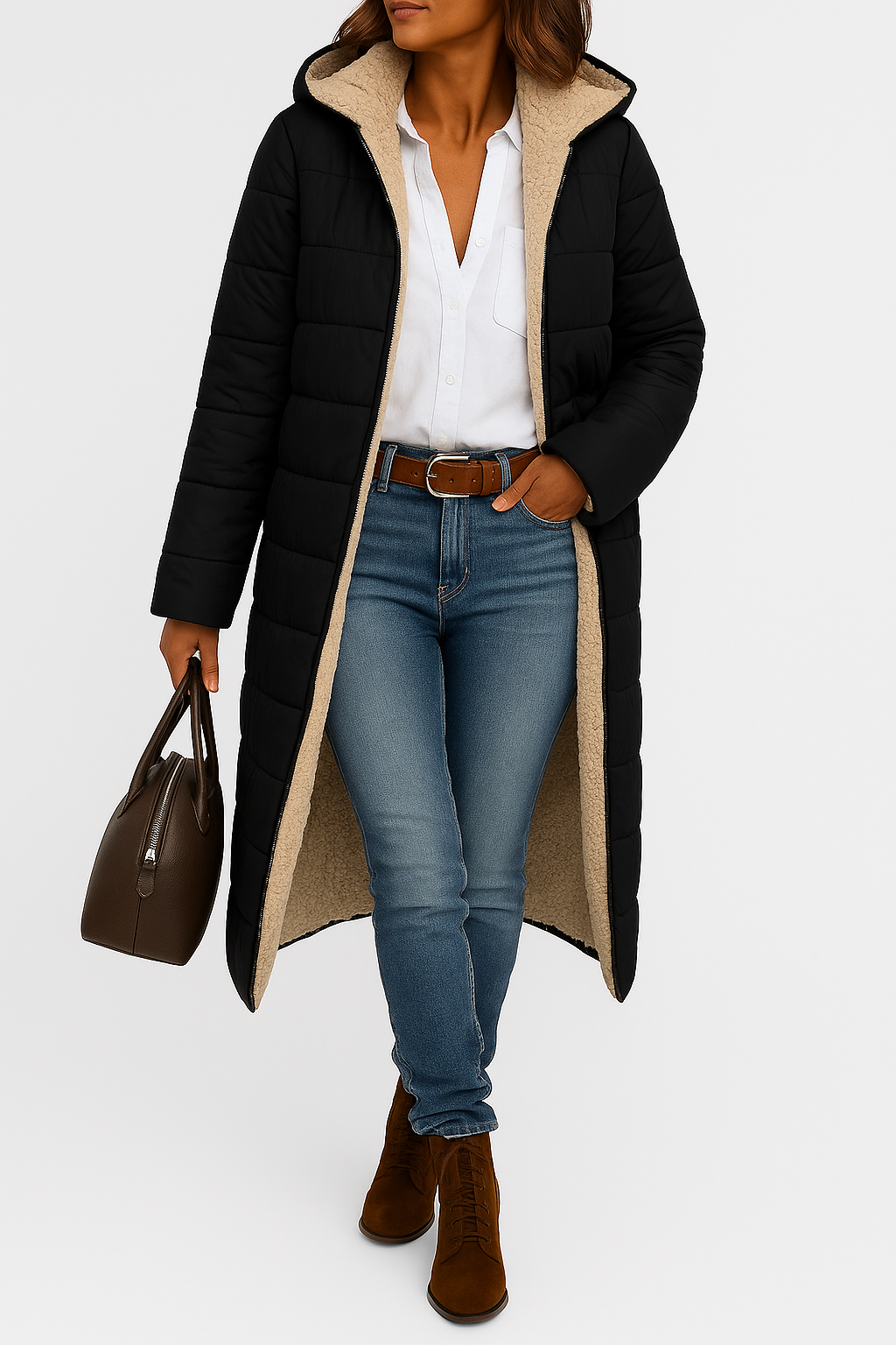 Kurtka zimowa z podszewką sherpa o długim kroju